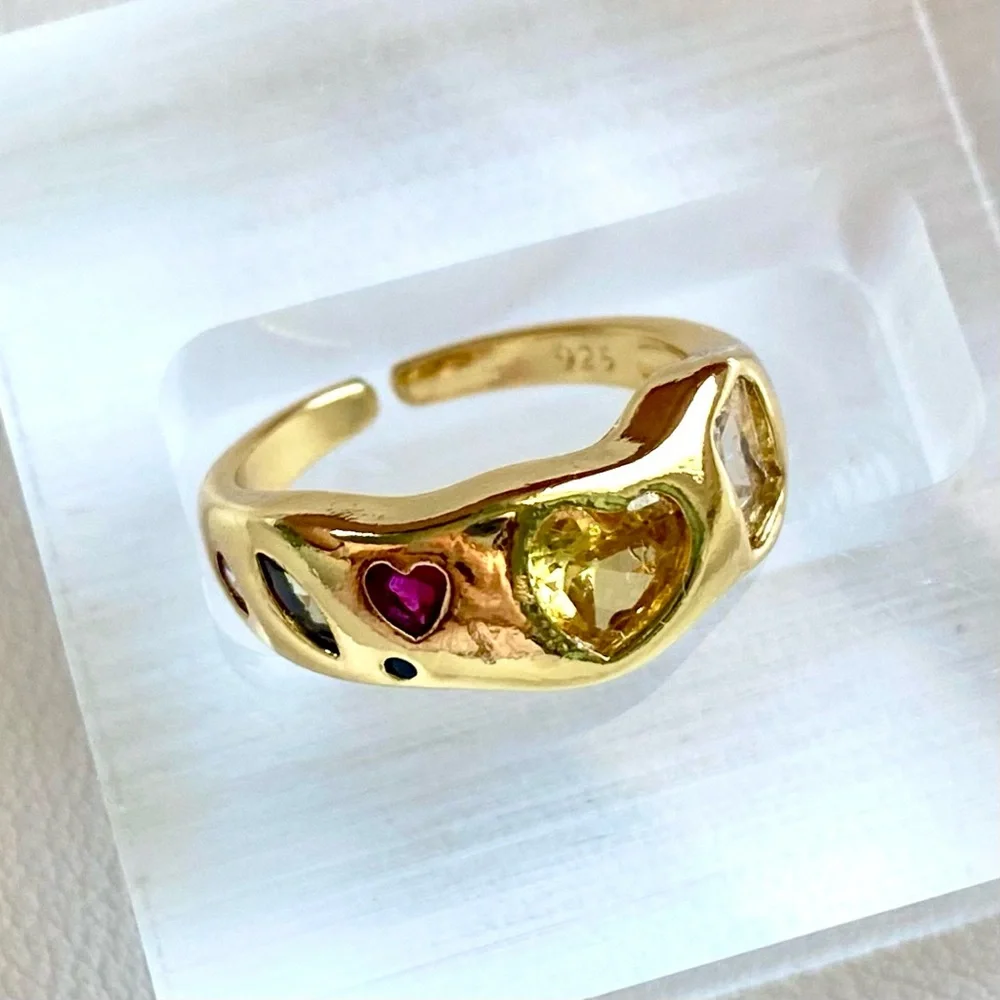 Gold-Tone Heart Gemstone Ring with Pink and Yellow Accents